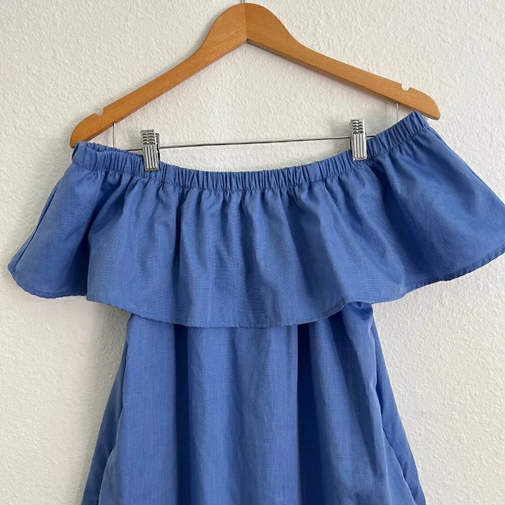 REMY Creations Chambray Off The Shoulder Pompom Hem Mini Dress S‌‌‌‌‌‌‌‌‌‌‌‌‌‌‌
